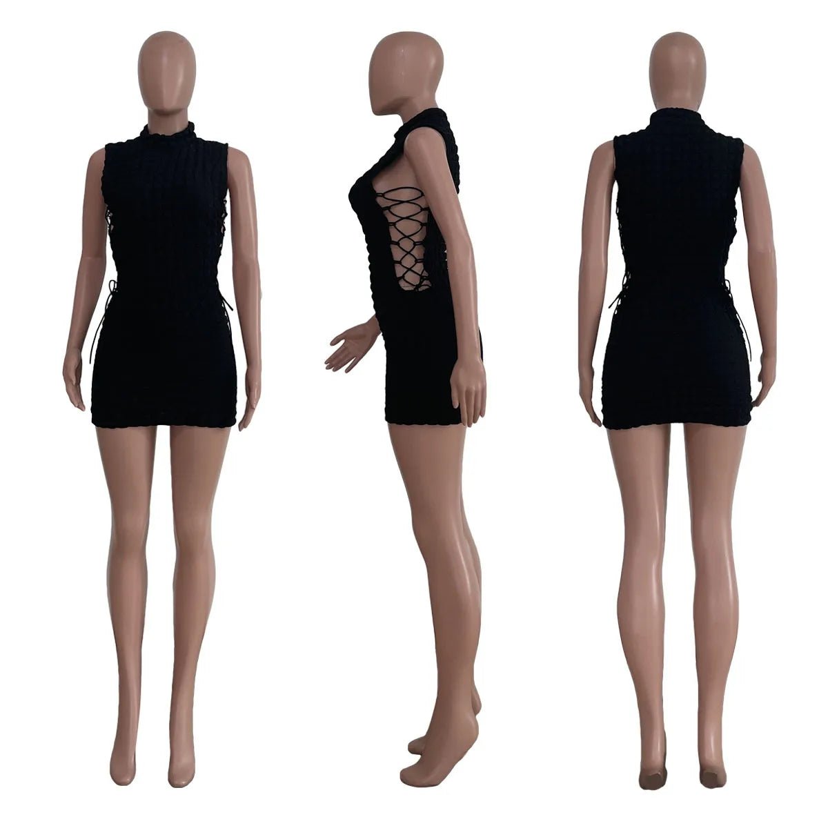CM.YAYA Lace Up Side Hollow Out Seersucker Sleeveless Turtleneck Bodycon Midi Dress Women 2022 Summer Chic Ins Dresses - MAGUSTA BEAUTY