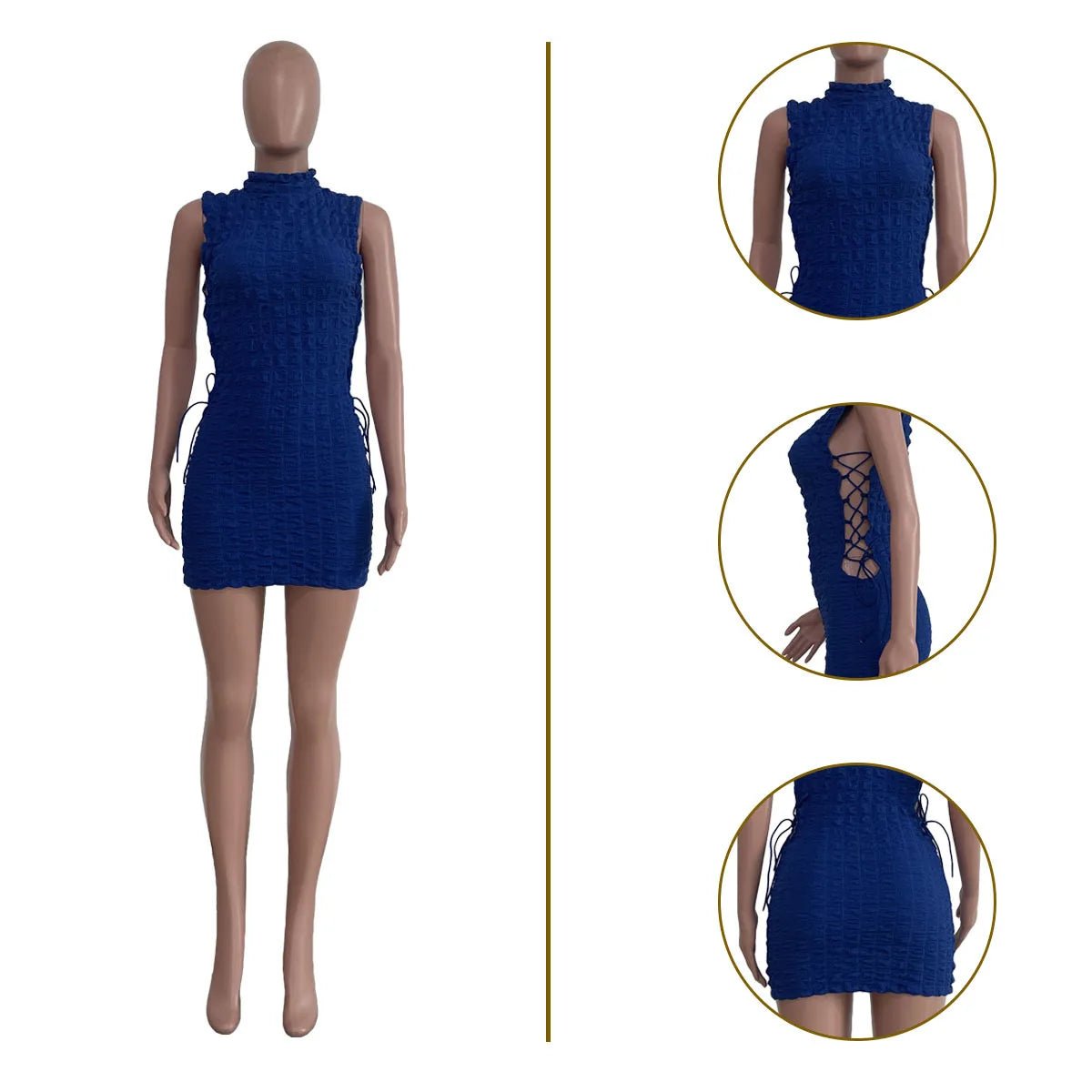 CM.YAYA Lace Up Side Hollow Out Seersucker Sleeveless Turtleneck Bodycon Midi Dress Women 2022 Summer Chic Ins Dresses - MAGUSTA BEAUTY