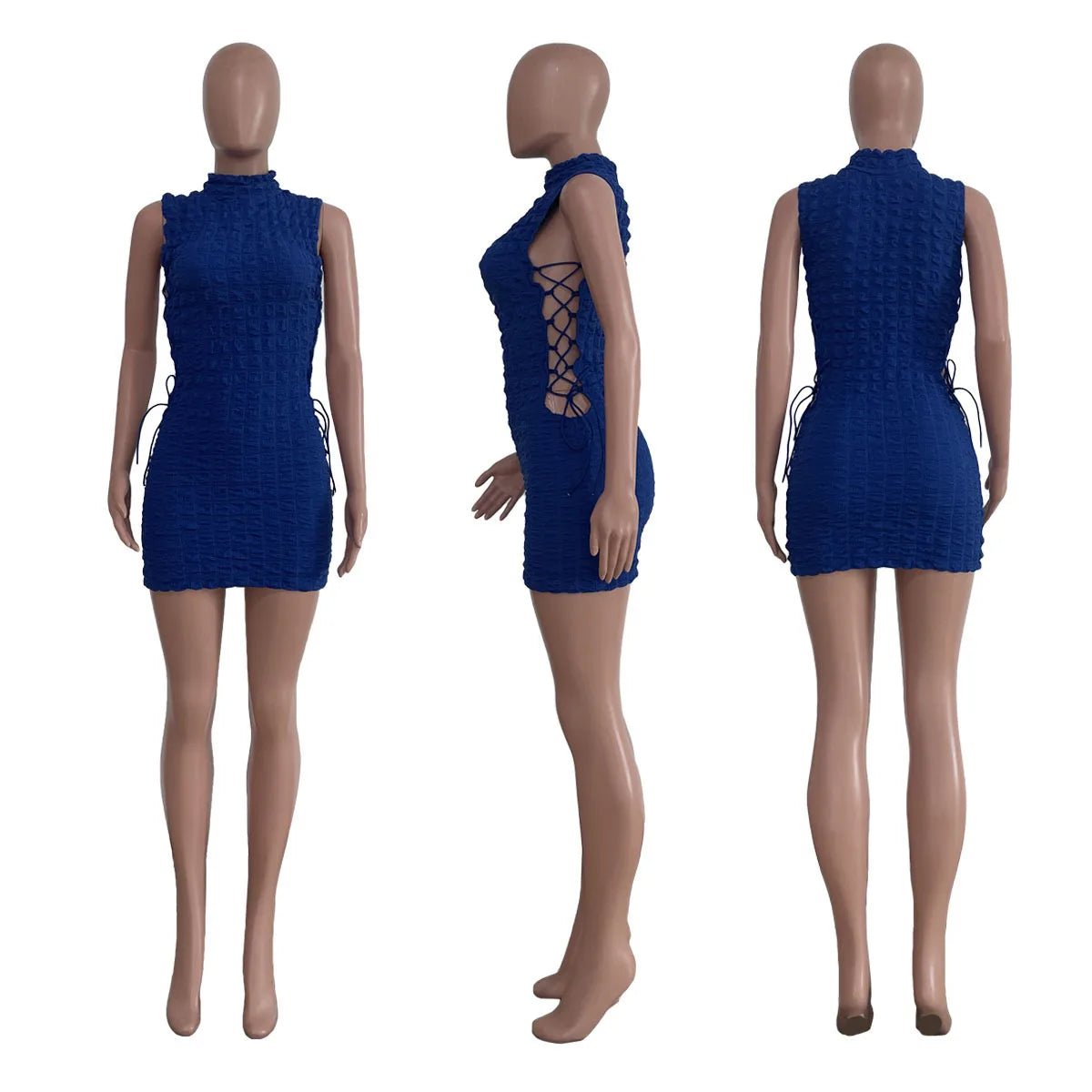 CM.YAYA Lace Up Side Hollow Out Seersucker Sleeveless Turtleneck Bodycon Midi Dress Women 2022 Summer Chic Ins Dresses - MAGUSTA BEAUTY