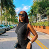 CM.YAYA Lace Up Side Hollow Out Seersucker Sleeveless Turtleneck Bodycon Midi Dress Women 2022 Summer Chic Ins Dresses - MAGUSTA BEAUTY