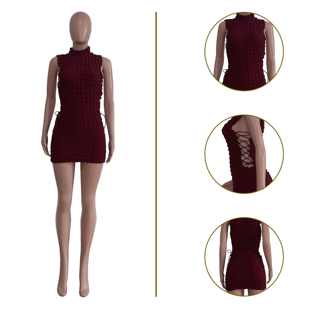 CM.YAYA Lace Up Side Hollow Out Seersucker Sleeveless Turtleneck Bodycon Midi Dress Women 2022 Summer Chic Ins Dresses - MAGUSTA BEAUTY
