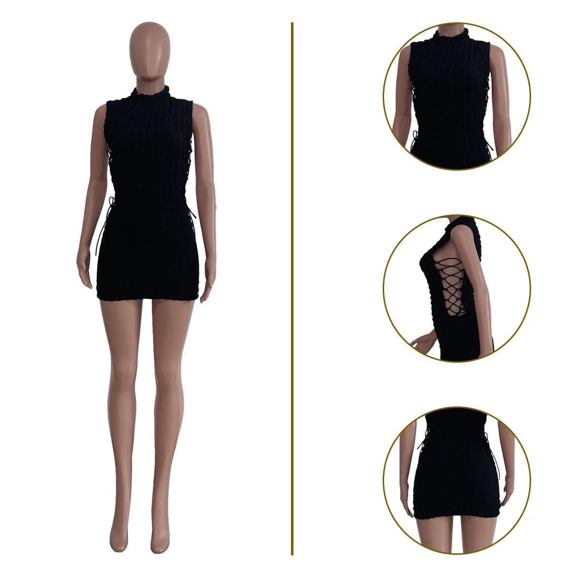 CM.YAYA Lace Up Side Hollow Out Seersucker Sleeveless Turtleneck Bodycon Midi Dress Women 2022 Summer Chic Ins Dresses - MAGUSTA BEAUTY