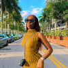 CM.YAYA Lace Up Side Hollow Out Seersucker Sleeveless Turtleneck Bodycon Midi Dress Women 2022 Summer Chic Ins Dresses - MAGUSTA BEAUTY