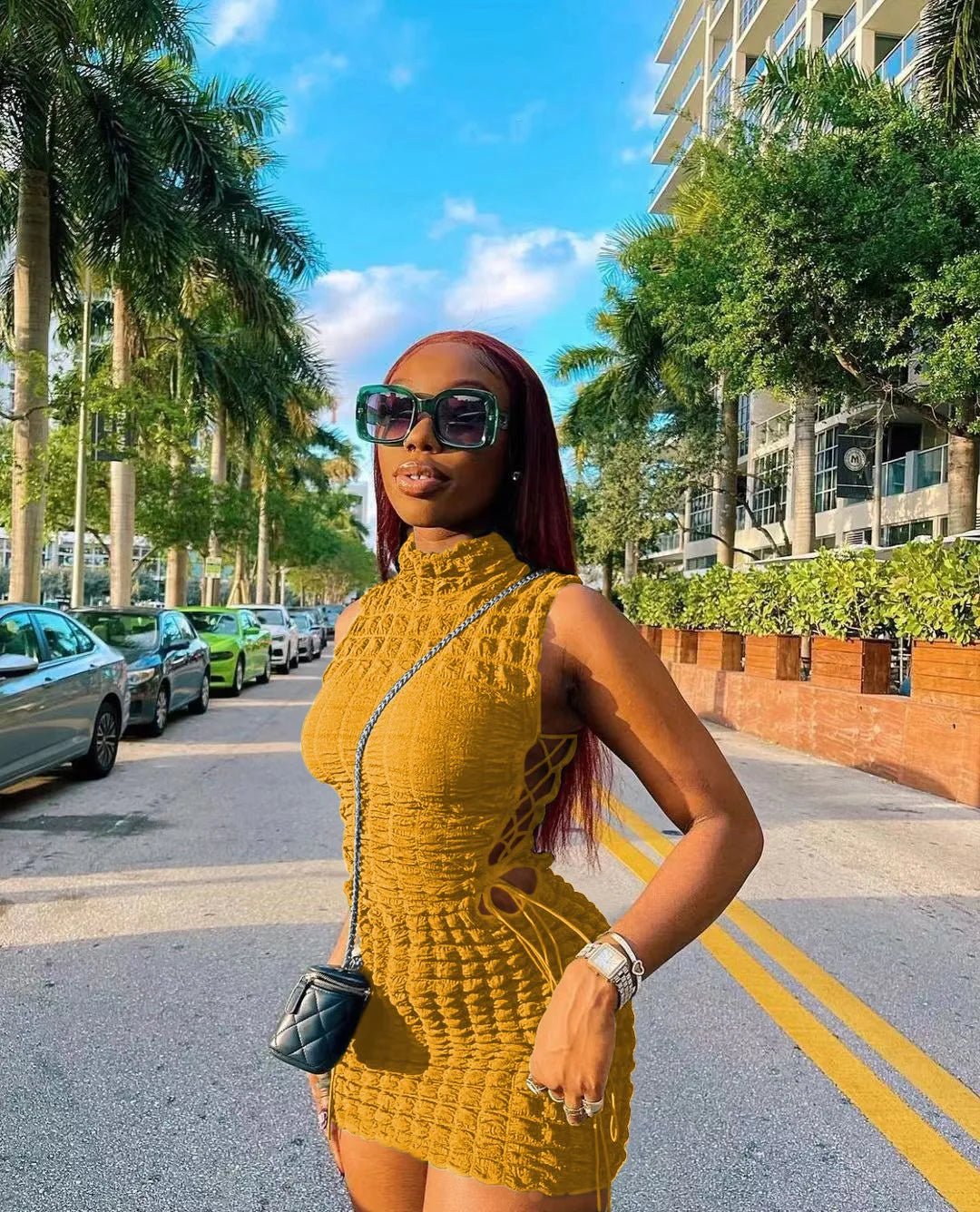 CM.YAYA Lace Up Side Hollow Out Seersucker Sleeveless Turtleneck Bodycon Midi Dress Women 2022 Summer Chic Ins Dresses - MAGUSTA BEAUTY