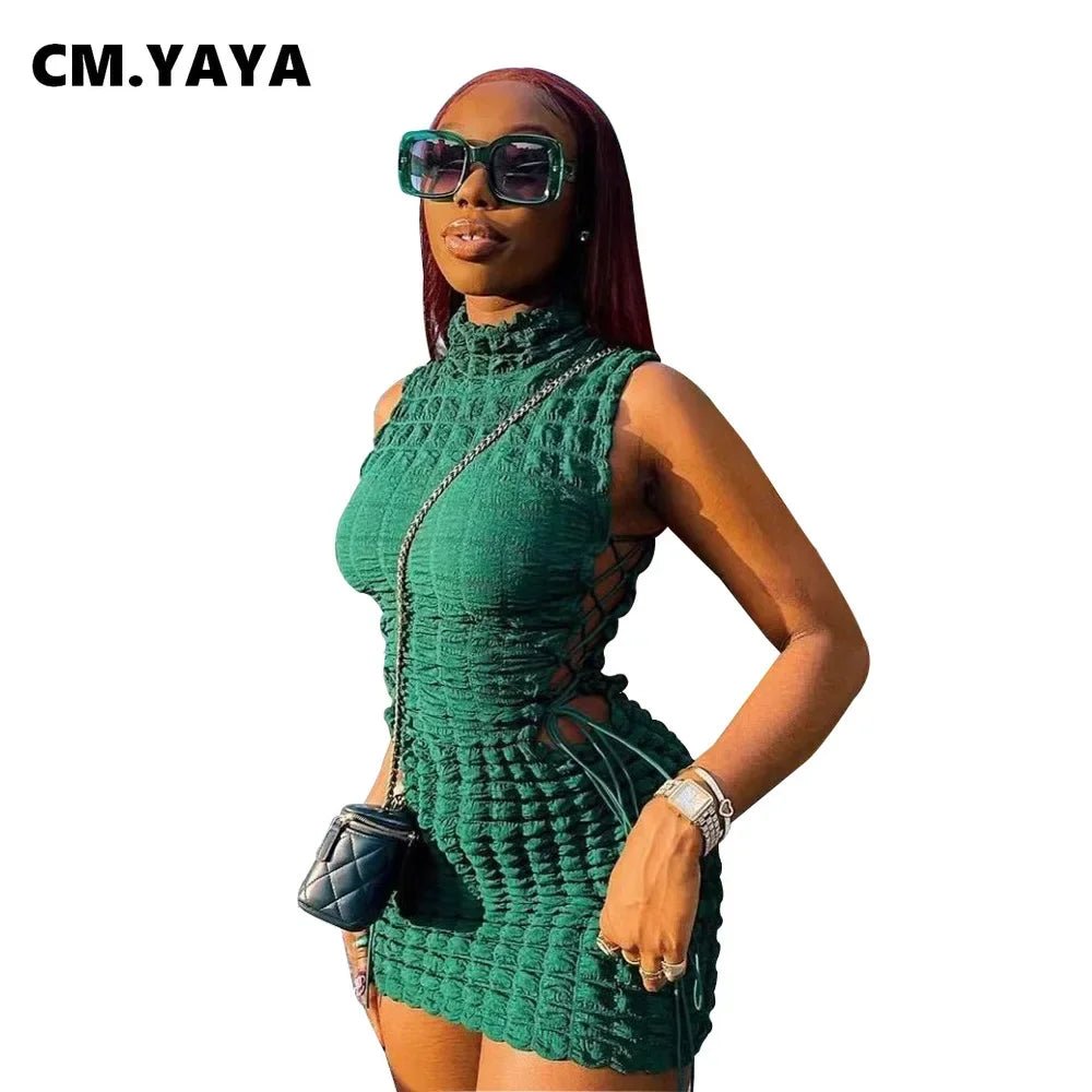 CM.YAYA Lace Up Side Hollow Out Seersucker Sleeveless Turtleneck Bodycon Midi Dress Women 2022 Summer Chic Ins Dresses - MAGUSTA BEAUTY