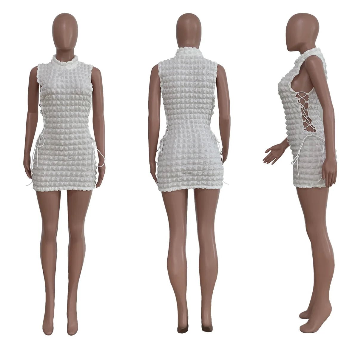 CM.YAYA Lace Up Side Hollow Out Seersucker Sleeveless Turtleneck Bodycon Midi Dress Women 2022 Summer Chic Ins Dresses - MAGUSTA BEAUTY