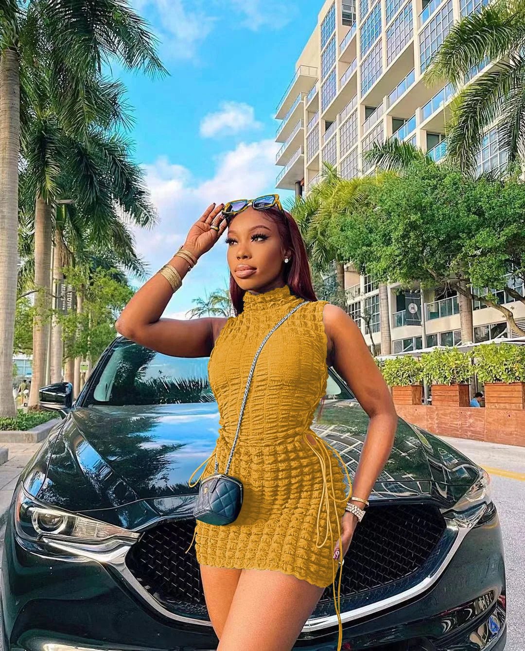 CM.YAYA Lace Up Side Hollow Out Seersucker Sleeveless Turtleneck Bodycon Midi Dress Women 2022 Summer Chic Ins Dresses - MAGUSTA BEAUTY