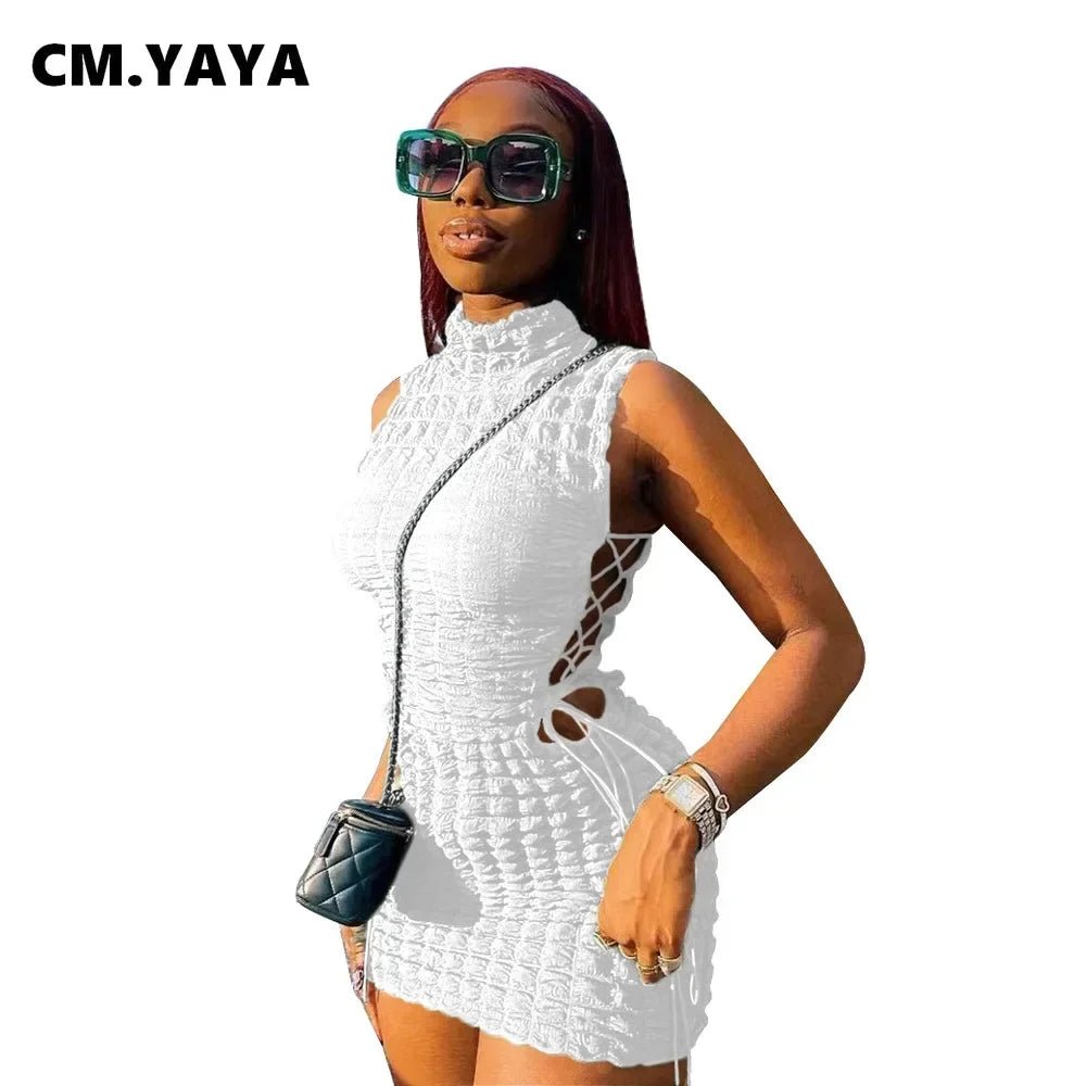 CM.YAYA Lace Up Side Hollow Out Seersucker Sleeveless Turtleneck Bodycon Midi Dress Women 2022 Summer Chic Ins Dresses - MAGUSTA BEAUTY