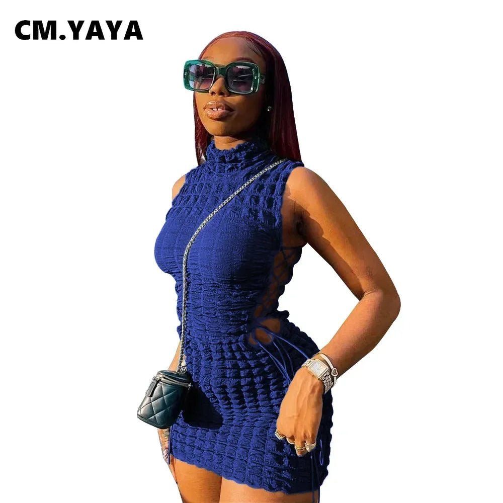 CM.YAYA Lace Up Side Hollow Out Seersucker Sleeveless Turtleneck Bodycon Midi Dress Women 2022 Summer Chic Ins Dresses - MAGUSTA BEAUTY
