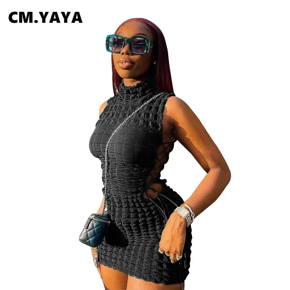 CM.YAYA Lace Up Side Hollow Out Seersucker Sleeveless Turtleneck Bodycon Midi Dress Women 2022 Summer Chic Ins Dresses - MAGUSTA BEAUTY