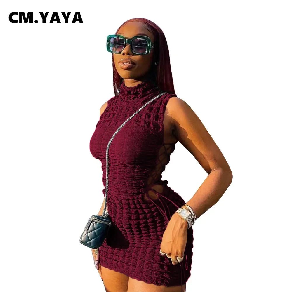 CM.YAYA Lace Up Side Hollow Out Seersucker Sleeveless Turtleneck Bodycon Midi Dress Women 2022 Summer Chic Ins Dresses - MAGUSTA BEAUTY