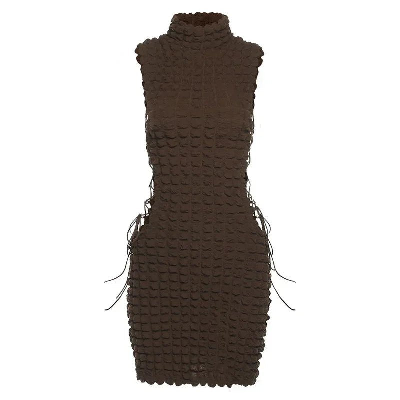 CM.YAYA Lace Up Side Hollow Out Seersucker Sleeveless Turtleneck Bodycon Midi Dress Women 2022 Summer Chic Ins Dresses - MAGUSTA BEAUTY