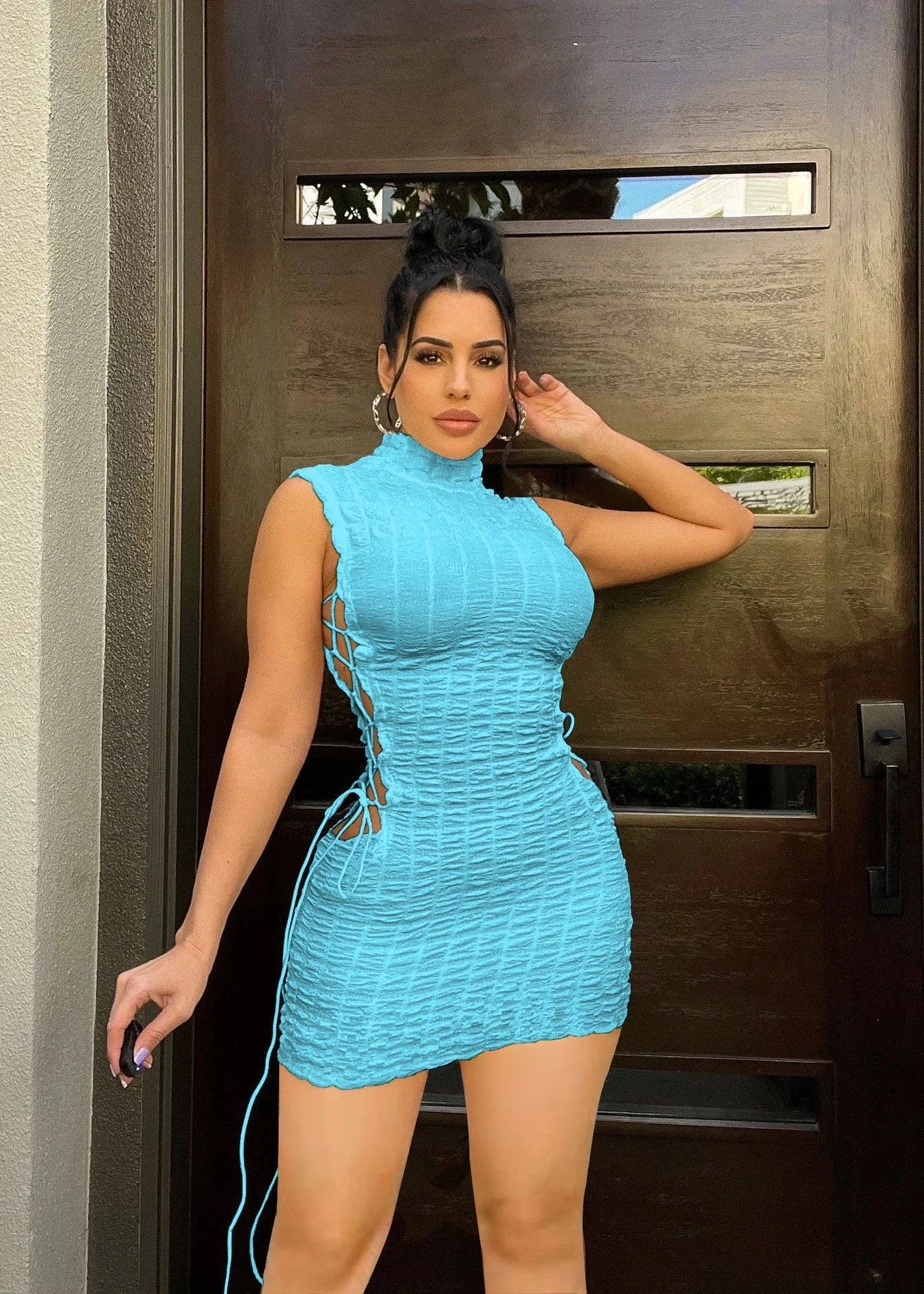 CM.YAYA Lace Up Side Hollow Out Seersucker Sleeveless Turtleneck Bodycon Midi Dress Women 2022 Summer Chic Ins Dresses - MAGUSTA BEAUTY