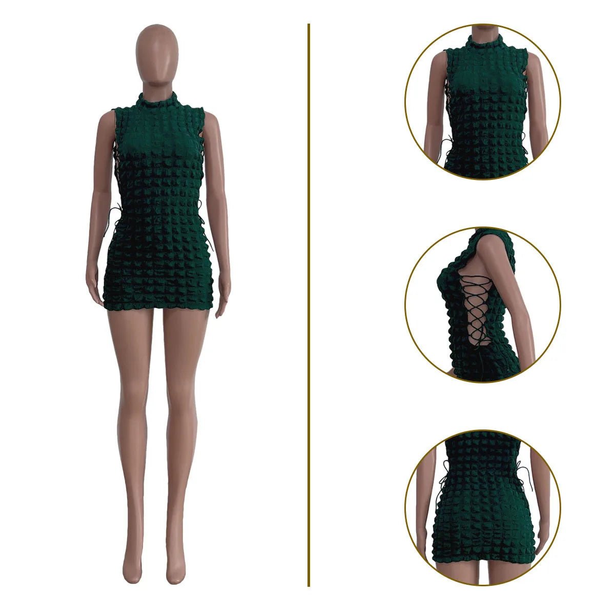 CM.YAYA Lace Up Side Hollow Out Seersucker Sleeveless Turtleneck Bodycon Midi Dress Women 2022 Summer Chic Ins Dresses - MAGUSTA BEAUTY