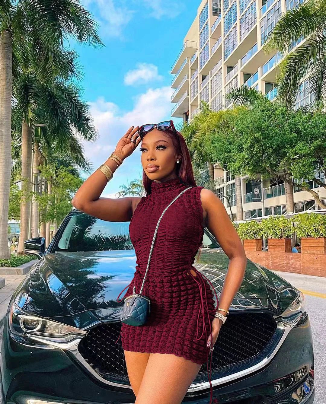 CM.YAYA Lace Up Side Hollow Out Seersucker Sleeveless Turtleneck Bodycon Midi Dress Women 2022 Summer Chic Ins Dresses - MAGUSTA BEAUTY