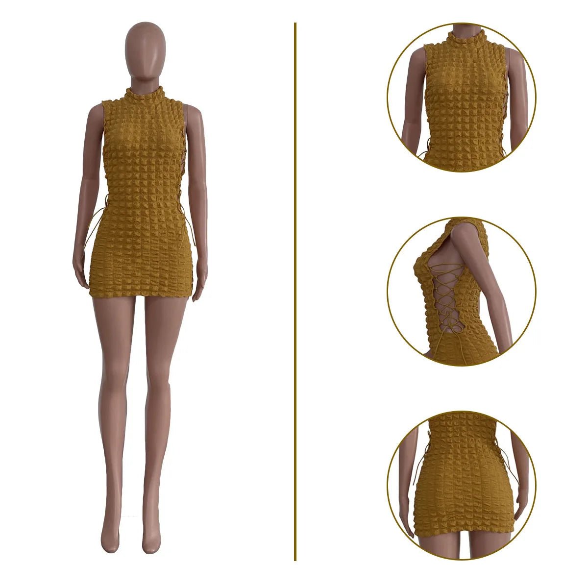CM.YAYA Lace Up Side Hollow Out Seersucker Sleeveless Turtleneck Bodycon Midi Dress Women 2022 Summer Chic Ins Dresses - MAGUSTA BEAUTY
