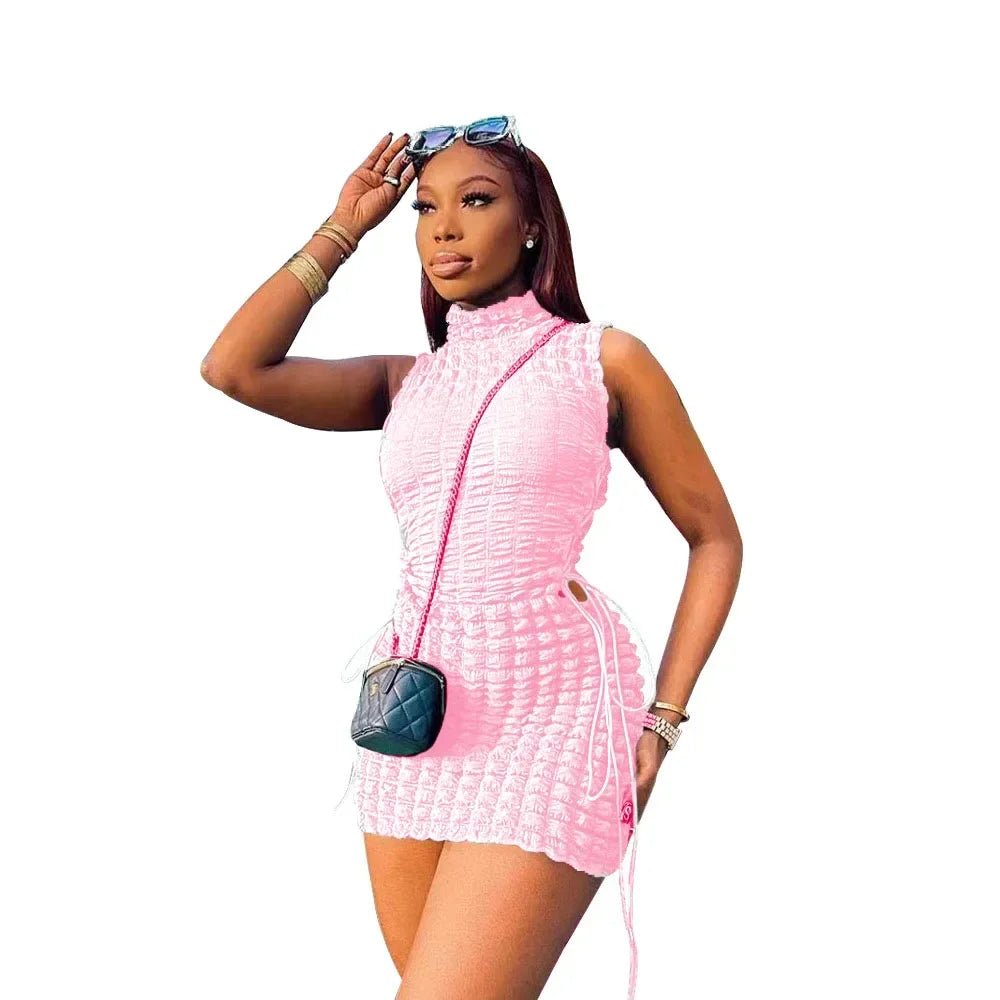 CM.YAYA Lace Up Side Hollow Out Seersucker Sleeveless Turtleneck Bodycon Midi Dress Women 2022 Summer Chic Ins Dresses - MAGUSTA BEAUTY