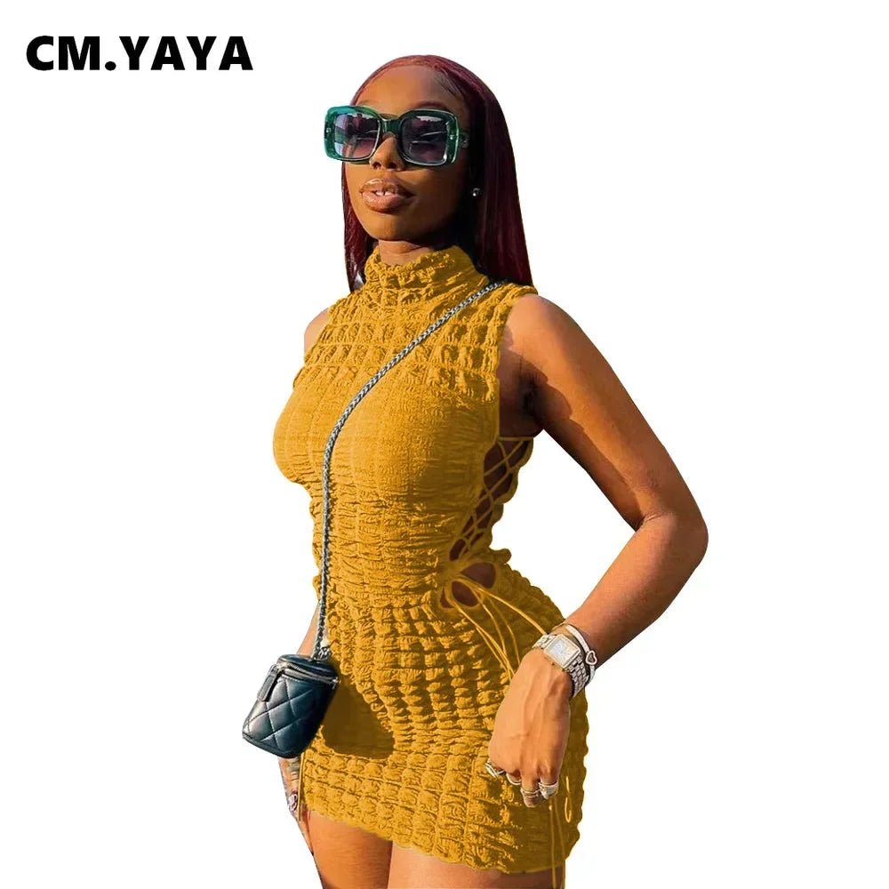 CM.YAYA Lace Up Side Hollow Out Seersucker Sleeveless Turtleneck Bodycon Midi Dress Women 2022 Summer Chic Ins Dresses - MAGUSTA BEAUTY