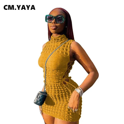CM.YAYA Lace Up Side Hollow Out Seersucker Sleeveless Turtleneck Bodycon Midi Dress Women 2022 Summer Chic Ins Dresses - MAGUSTA BEAUTY