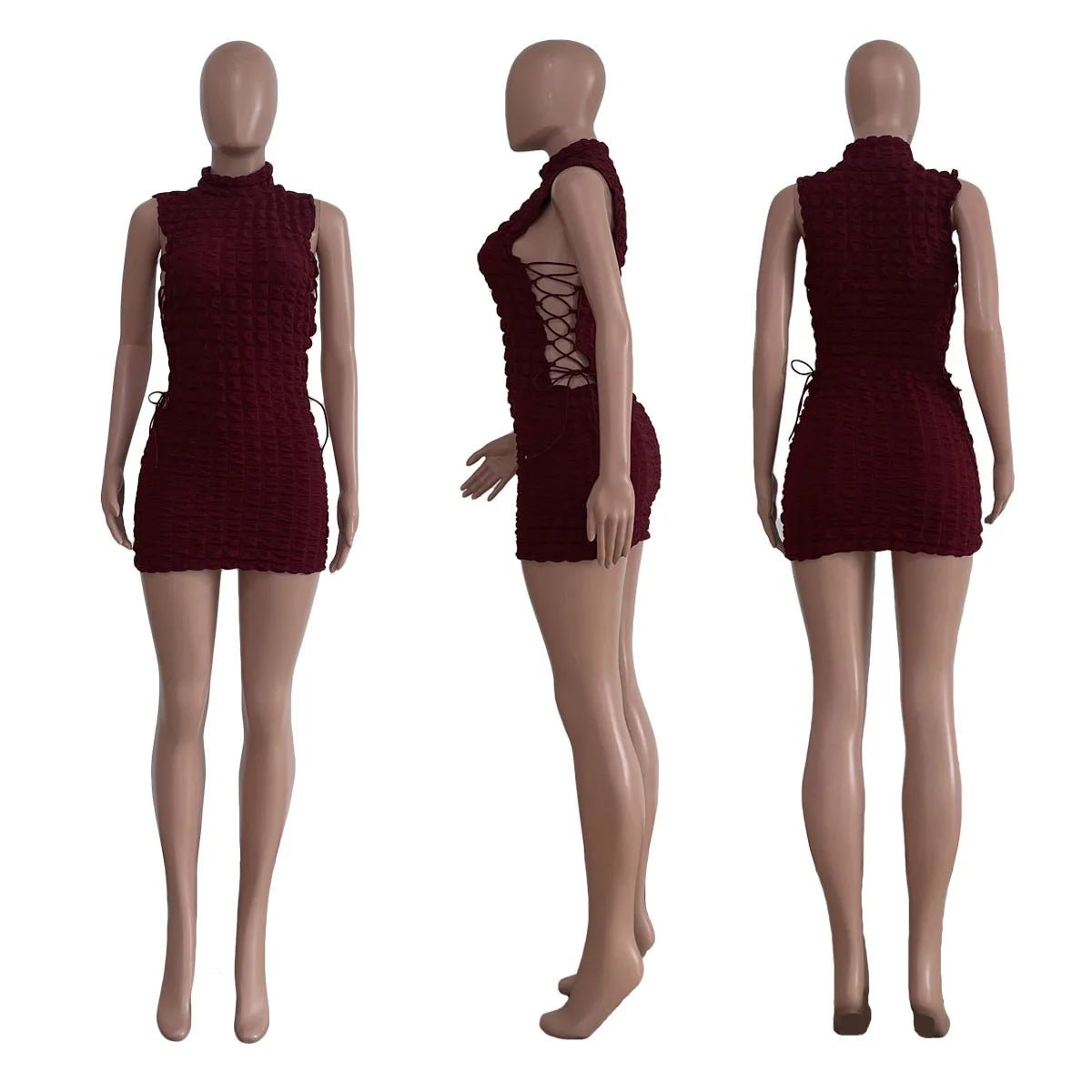CM.YAYA Lace Up Side Hollow Out Seersucker Sleeveless Turtleneck Bodycon Midi Dress Women 2022 Summer Chic Ins Dresses - MAGUSTA BEAUTY
