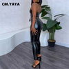 CM.YAYA Women Set PU Leather Strapless Top + Pencil Pants Suits Winter Fitness Streetwear Two 2 Piece Sets Outfits Tracksuit - MAGUSTA BEAUTY