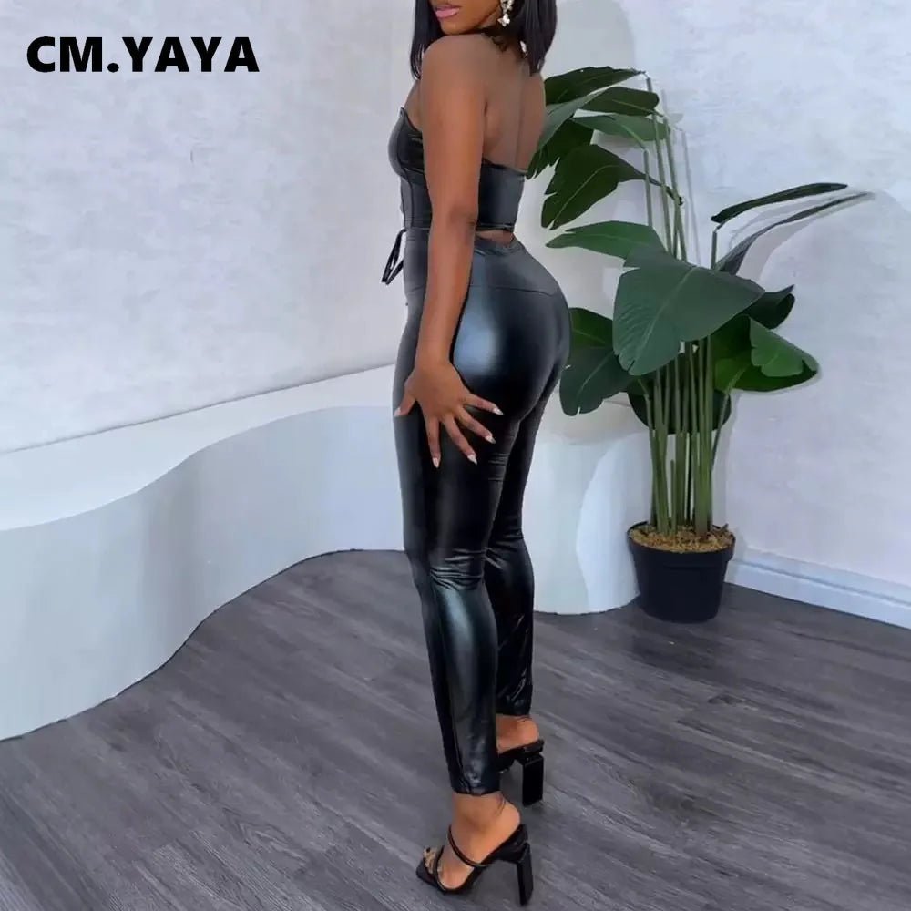 CM.YAYA Women Set PU Leather Strapless Top + Pencil Pants Suits Winter Fitness Streetwear Two 2 Piece Sets Outfits Tracksuit - MAGUSTA BEAUTY