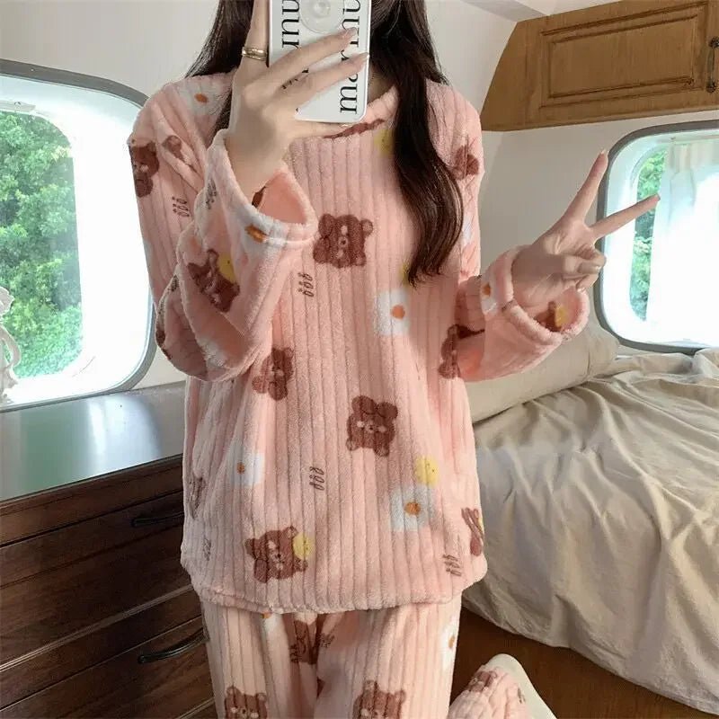 Coral Fleece Women Pajama Set Warm Winter Sleepwear Cozy Loungewear Bear Peach Print Nightwear Christmas Gift for Girls - MAGUSTA BEAUTY
