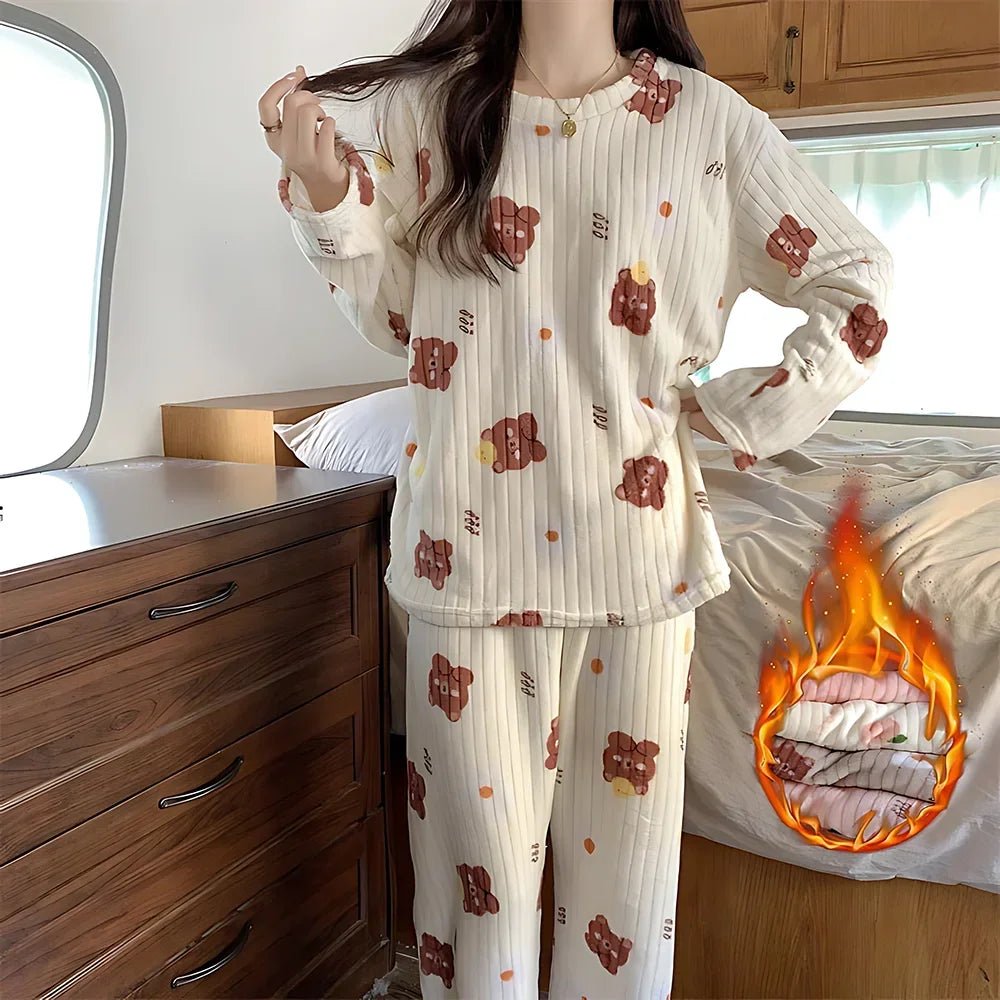 Coral Fleece Women Pajama Set Warm Winter Sleepwear Cozy Loungewear Bear Peach Print Nightwear Christmas Gift for Girls - MAGUSTA BEAUTY