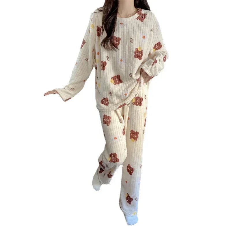 Coral Fleece Women Pajama Set Warm Winter Sleepwear Cozy Loungewear Bear Peach Print Nightwear Christmas Gift for Girls - MAGUSTA BEAUTY