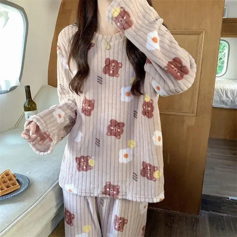 Coral Fleece Women Pajama Set Warm Winter Sleepwear Cozy Loungewear Bear Peach Print Nightwear Christmas Gift for Girls - MAGUSTA BEAUTY