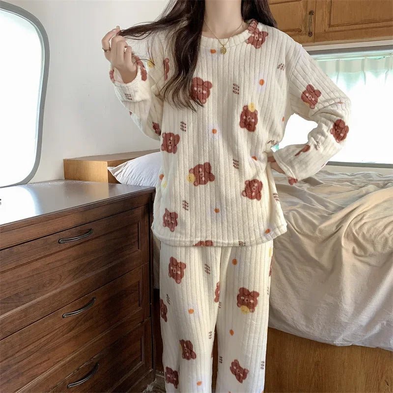 Coral Fleece Women Pajama Set Warm Winter Sleepwear Cozy Loungewear Bear Peach Print Nightwear Christmas Gift for Girls - MAGUSTA BEAUTY