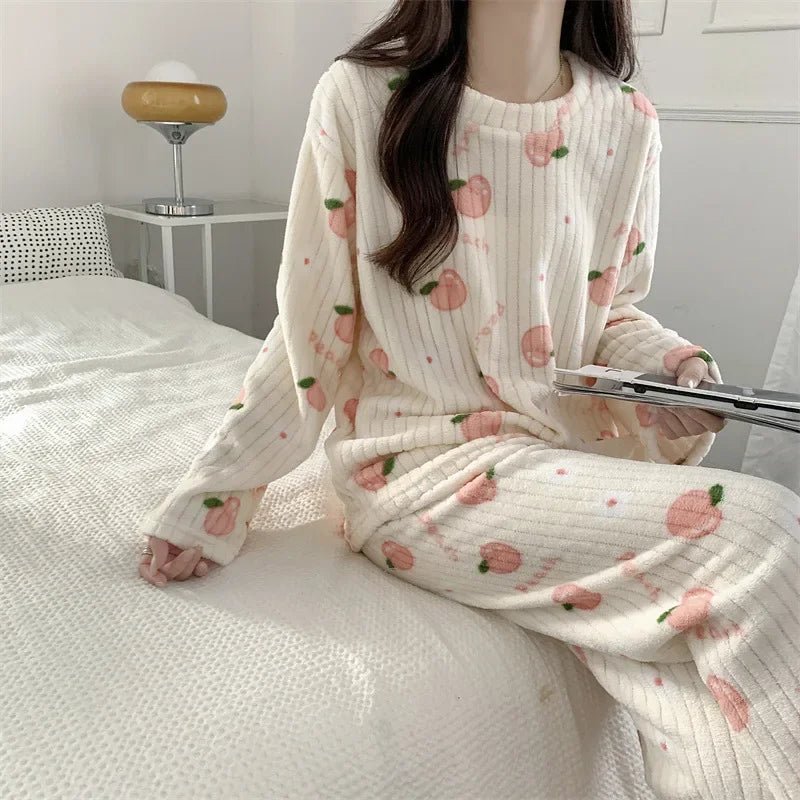 Coral Fleece Women Pajama Set Warm Winter Sleepwear Cozy Loungewear Bear Peach Print Nightwear Christmas Gift for Girls - MAGUSTA BEAUTY