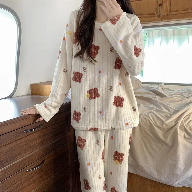 Coral Fleece Women Pajama Set Warm Winter Sleepwear Cozy Loungewear Bear Peach Print Nightwear Christmas Gift for Girls - MAGUSTA BEAUTY