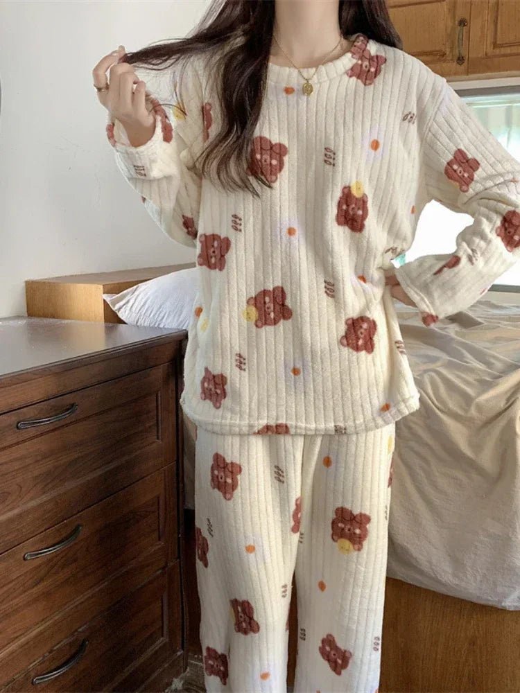 Coral Fleece Women Pajama Set Warm Winter Sleepwear Cozy Loungewear Bear Peach Print Nightwear Christmas Gift for Girls - MAGUSTA BEAUTY