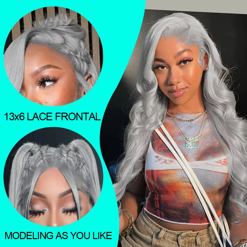 Cosplay Body Wave Silver Grey 13X4 Lace Front Wigs Human Hair 13x6 HD Lace Front Wigs Remy Brazilian 613 Colored Human Hair Wigs - MAGUSTA BEAUTY