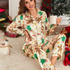 Cozy Christmas Tree & Gingerbread for Man Print Pajama Set - Long Sleeve, Button - Up Lapel Top with Elastic Waistband Pants for W - MAGUSTA BEAUTY