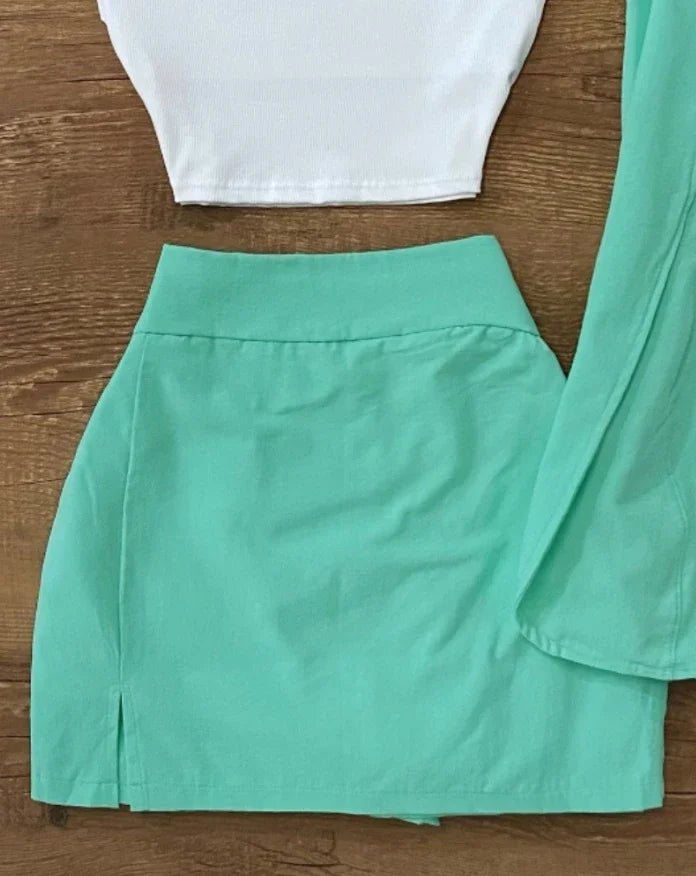 CPSYMYM 3 Pieces Outfits Women Outfit Spring New Solid Color Round Neck Crop Tank & High Waist Mini Skirts Set with Sleeveless - MAGUSTA BEAUTY
