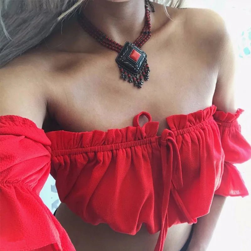 crop tops women summer lantern sleeve sexy strapless beach tops red black white ruched crop top tank top croptop - MAGUSTA BEAUTY