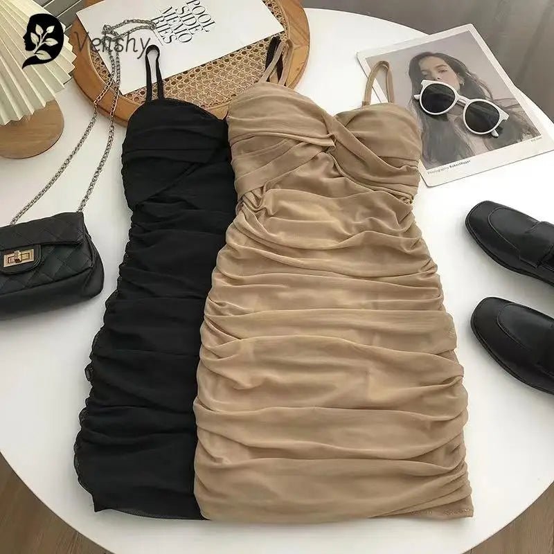 Dresses Women Sexy Club Shirring Design Summer Leisure Lady Mini Straps Dress - MAGUSTA BEAUTY