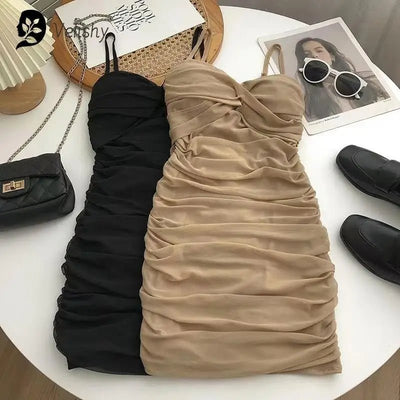 Dresses Women Sexy Club Shirring Design Summer Leisure Lady Mini Straps Dress - MAGUSTA BEAUTY
