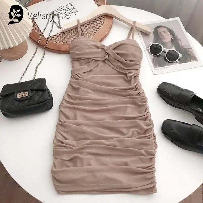 Dresses Women Sexy Club Shirring Design Summer Leisure Lady Mini Straps Dress - MAGUSTA BEAUTY