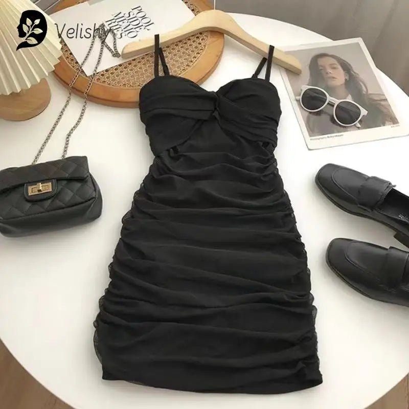 Dresses Women Sexy Club Shirring Design Summer Leisure Lady Mini Straps Dress - MAGUSTA BEAUTY
