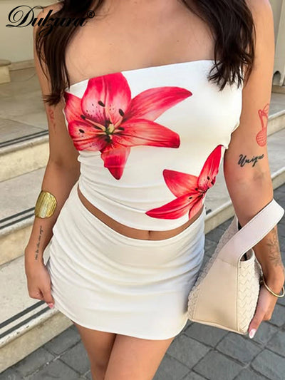 Dulzura Chest Wrapping Backless Bodycon Flower Print Crop Top Women'S Sexy Elegant Casual Y2K Short Top Party Club Summer Outfit - MAGUSTA BEAUTY