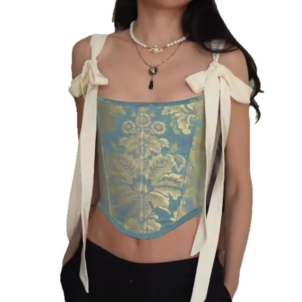 European and American fashion suspender embroidery printing bow waist vest female ins niche spice girl wind Joker slim top - MAGUSTA BEAUTY