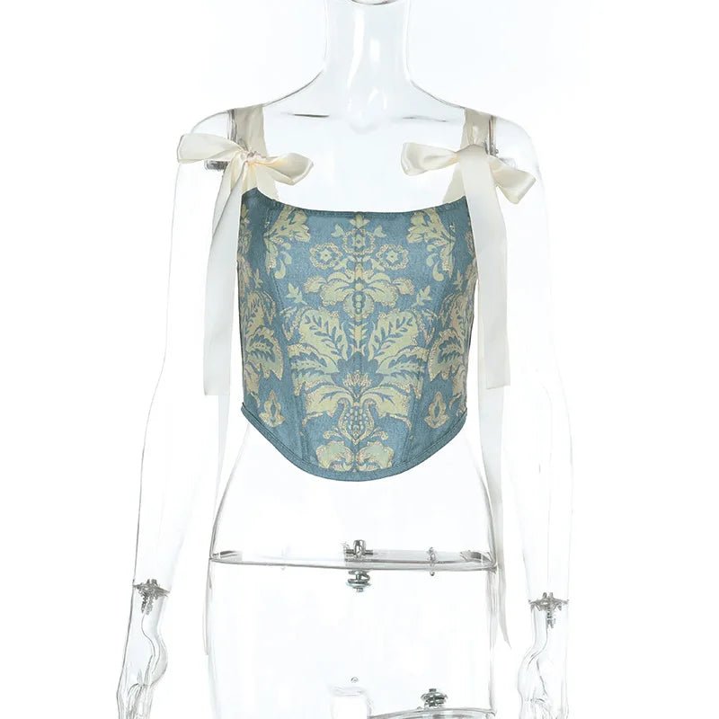European and American fashion suspender embroidery printing bow waist vest female ins niche spice girl wind Joker slim top - MAGUSTA BEAUTY