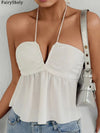 Fairyshely 2026 Sexy Female Tied Halter Top Women Sleeveless Ruffle Short Vest Summer Lady V Neck Off Shoulder Club Crop Tops - MAGUSTA BEAUTY