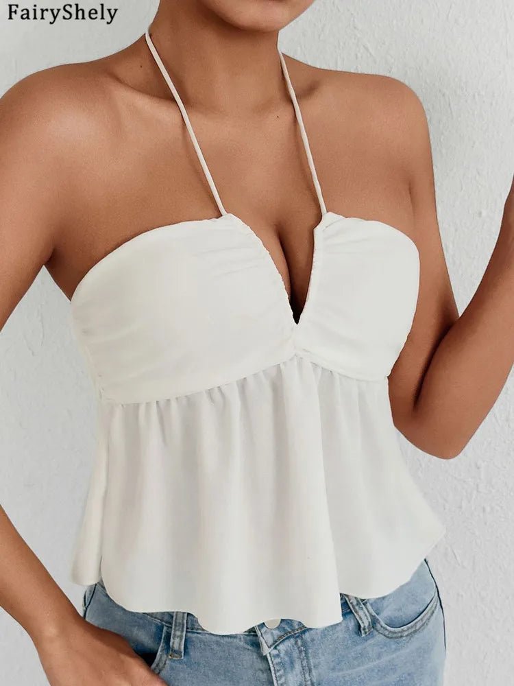 Fairyshely 2026 Sexy Female Tied Halter Top Women Sleeveless Ruffle Short Vest Summer Lady V Neck Off Shoulder Club Crop Tops - MAGUSTA BEAUTY
