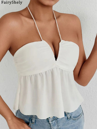 Fairyshely 2026 Sexy Female Tied Halter Top Women Sleeveless Ruffle Short Vest Summer Lady V Neck Off Shoulder Club Crop Tops - MAGUSTA BEAUTY