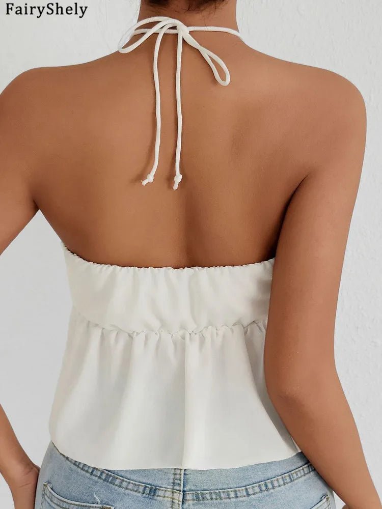Fairyshely 2026 Sexy Female Tied Halter Top Women Sleeveless Ruffle Short Vest Summer Lady V Neck Off Shoulder Club Crop Tops - MAGUSTA BEAUTY