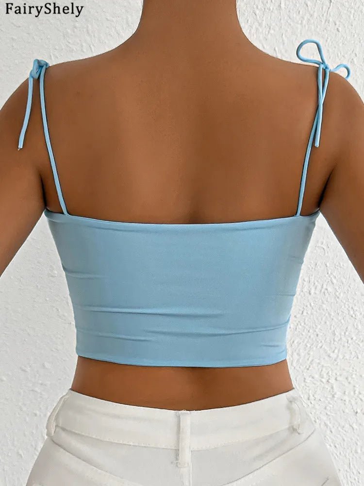 Fairyshely Sexy Female Summer Tied Strap Top 2026 Women Lace Sleeveless Bodycon Short Vest Lady Blue Off Shoulder Club Crop Tops - MAGUSTA BEAUTY